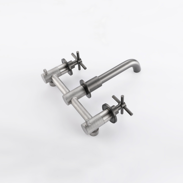 304 Stainless Steel Gun Grey Wall Mount Bathroom Basin Double Handle Faucet 