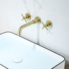 304 Stainless Steel Brushed Gold Wall Mount Bathroom Basin Double Handle Faucet 