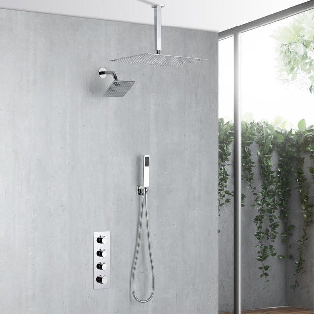 White Modern Chrome Bathroom 3-function Concealed Thermostatic Shower Mixer Set