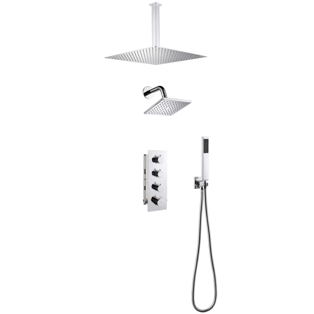 White Modern Chrome Bathroom 3-function Concealed Thermostatic Shower Mixer Set