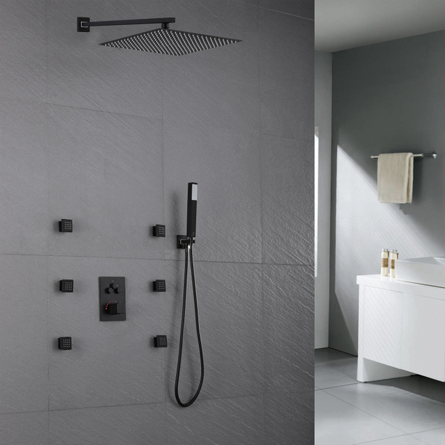 Modern 304 Stainless Steel Black Bathroom 3-function Concealed Thermostatic Shower Mixer