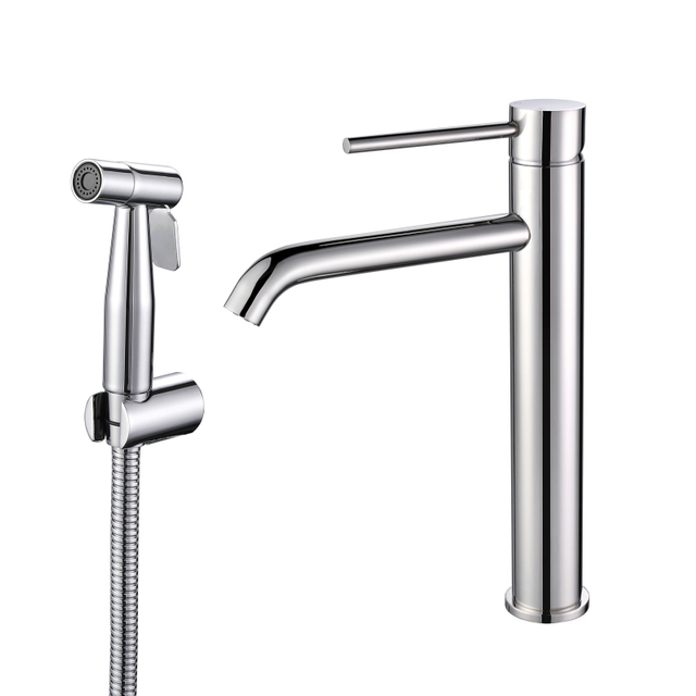 304 Stainless Steel Bathroom Basin Tall Waist Faucet with Bidet Spray