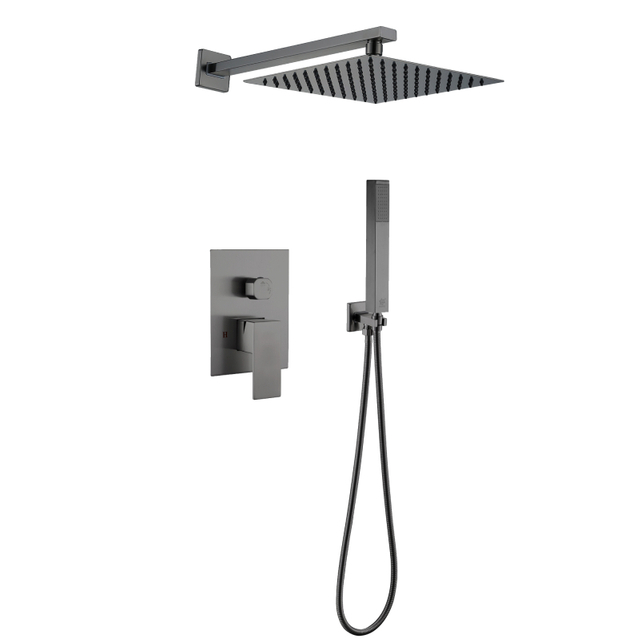 304 Stainless Steel Gun Grey Square Hot Cold Mixer in Wall Mounted Rain Concealed Bathroom Shower Set 