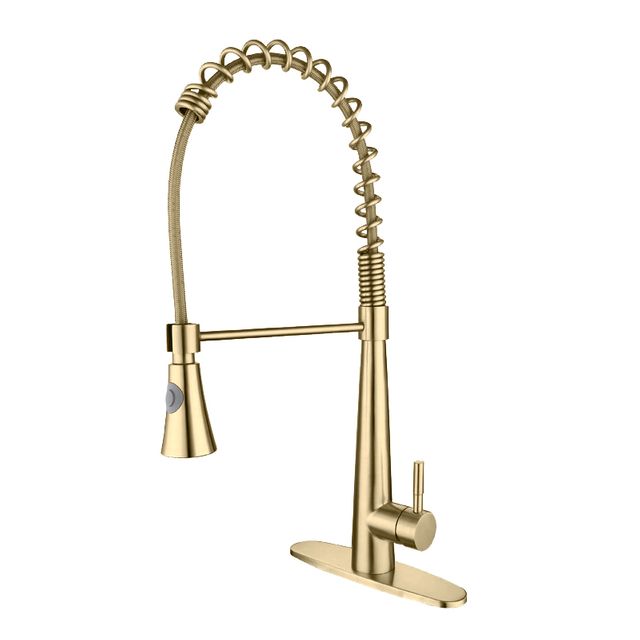 Modern Brushed Gold Single Handle Single Hole Spring Pull Down Kitchen Faucet
