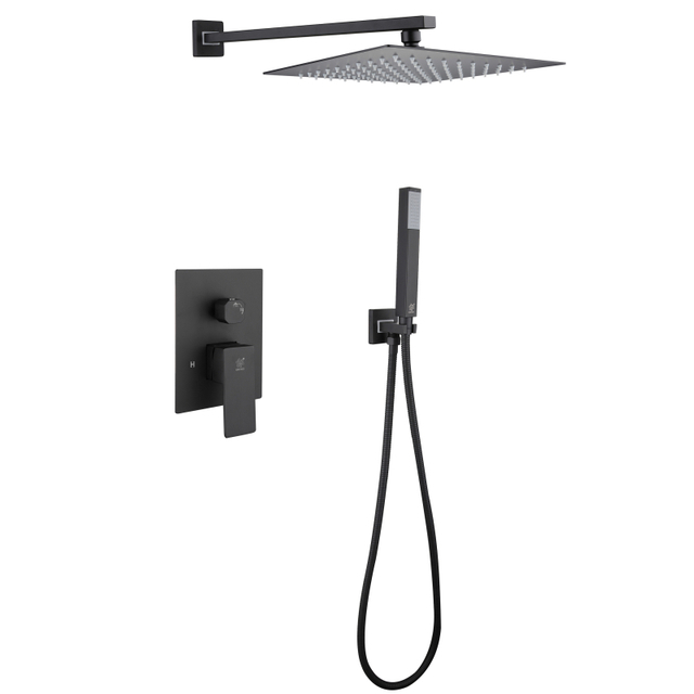 304 Stainless Steel Matte Black Square Hot Cold Mixer in Wall Mounted Rain Concealed Bathroom Shower Set 