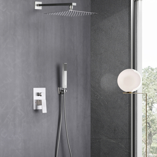 304 Stainless Steel Brushed Nickle square Hot Cold Mixer in Wall Mounted Rain Concealed Bathroom Shower Set 