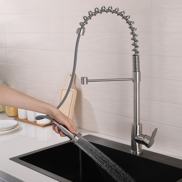 Modern 304 stainless steel Brushed Nickel spring pull down kitchen faucet