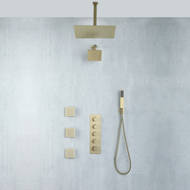 White Modern Gold Bathroom 4-function Concealed Thermostatic Shower Mixer Set