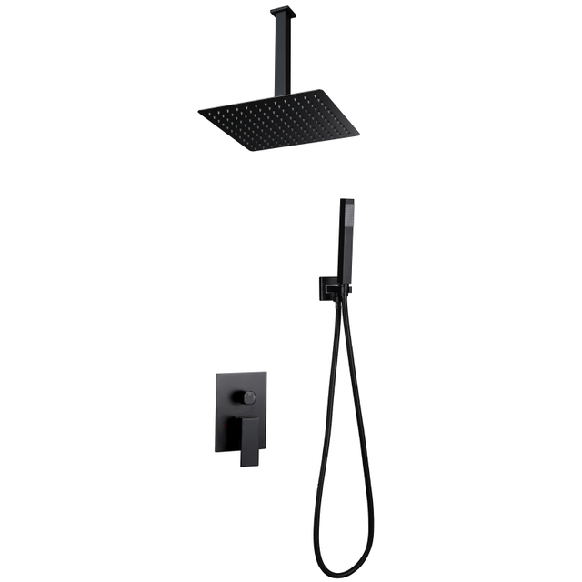 Modern 304 Stainless Steel Matte Black Square Hot Cold Mixer in Wall Mounted Rain Concealed Bathroom Shower Set