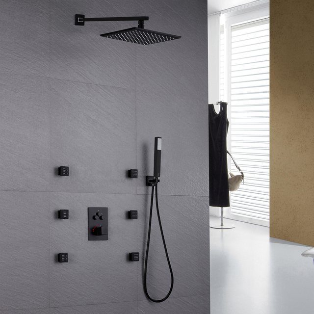 Modern 304 Stainless Steel Black Bathroom 3-function LED Concealed Thermostatic Shower Mixer