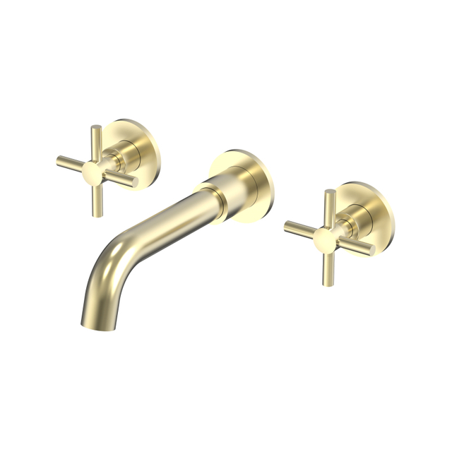 304 Stainless Steel Brushed Gold Wall Mount Bathroom Basin Double Handle Faucet 
