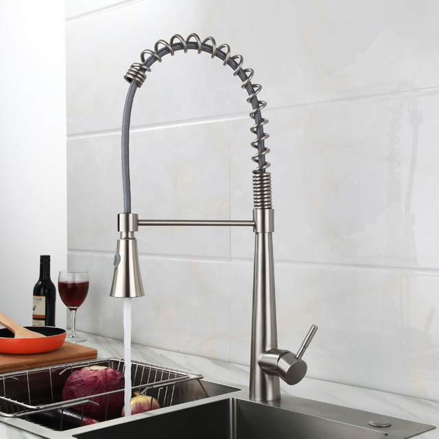 Modern Brushed Nickel Single Handle Single Hole spring pull down kitchen faucet