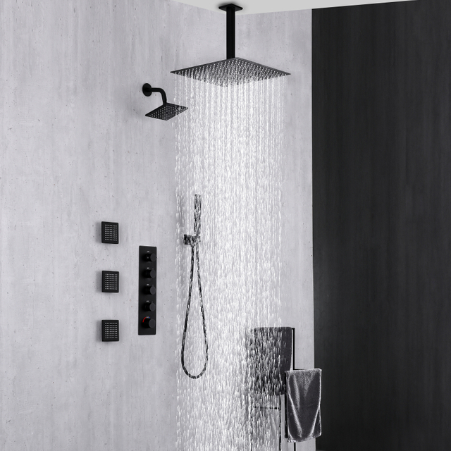 Black Modern Black Bathroom 4-function Concealed Thermostatic Shower Mixer Set