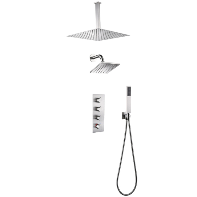Modern Brushed Nickel Bathroom 3-function Concealed Thermostatic Shower Mixer Set