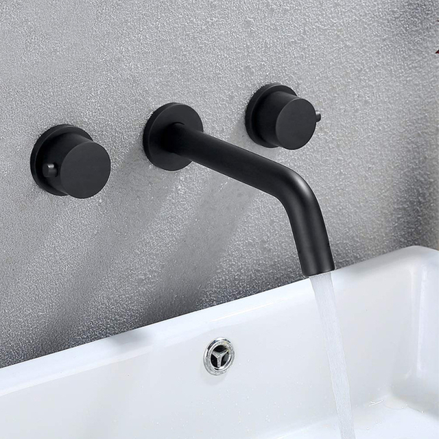 Matte Black 304 Stainless Steel Wall Mount Bathroom Basin Double Handle Faucets 