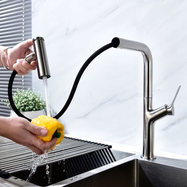 Modern Stainless Steel Single Hole Kitchen Faucet with Pull Down Sprayer