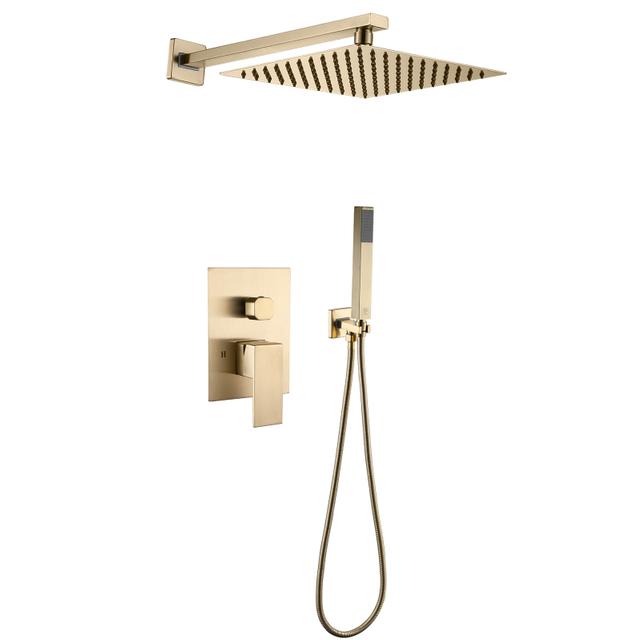 304 Stainless Steel Brushed gold square Hot Cold Mixer in Wall Mounted Rain Concealed Bathroom Shower Set 