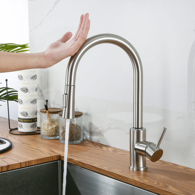 Modern Brushed Nickel Single Handle Pull Down Touch Sensor Kitchen Faucet