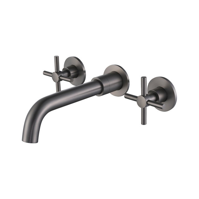 304 Stainless Steel Gun Grey Wall Mount Bathroom Basin Double Handle Faucet 