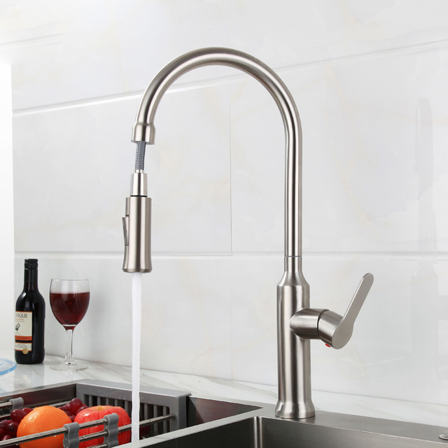high end 304 Stainless Steel brushed nickel single handle pull down sprayer kitchen faucet