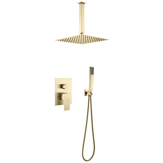 Modern 304 Stainless Steel brushed gold Square Hot Cold Mixer in Wall Mounted Rain Concealed Bathroom Shower Set