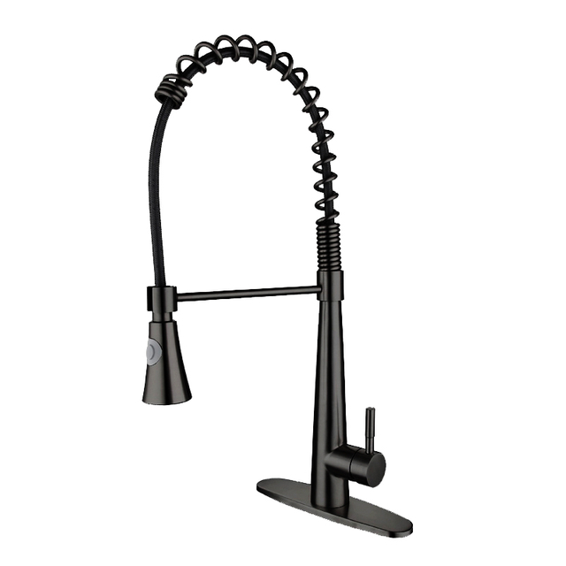 Modern Gun Black Single Handle Single Hole Spring Pull Down Kitchen Faucet