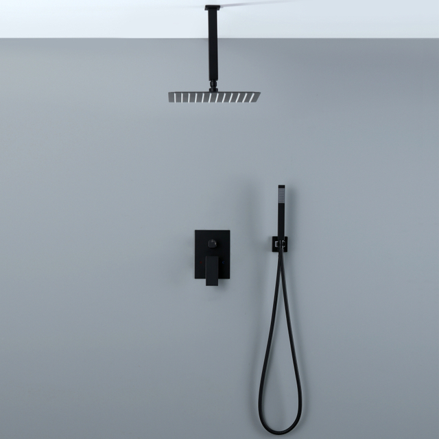 Modern 304 Stainless Steel Matte Black Square Hot Cold Mixer in Wall Mounted Rain Concealed Bathroom Shower Set