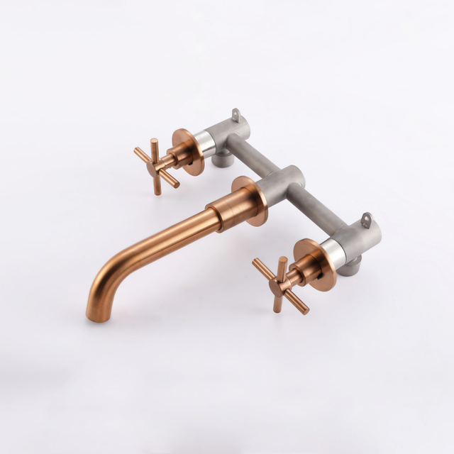 304 Stainless Steel Rose Gold Wall Mount Bathroom Basin Double Handle Faucet 