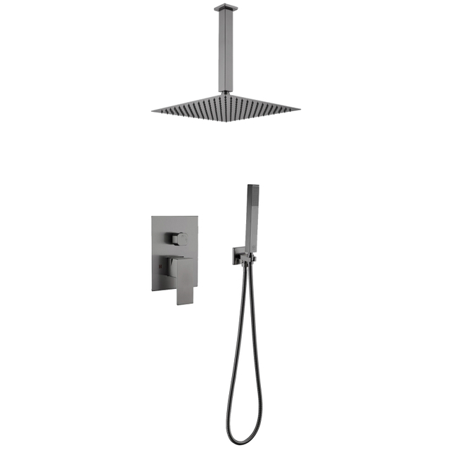 Modern 304 Stainless Steel Gun Grey Square Hot Cold Mixer in Wall Mounted Rain Concealed Bathroom Shower Set