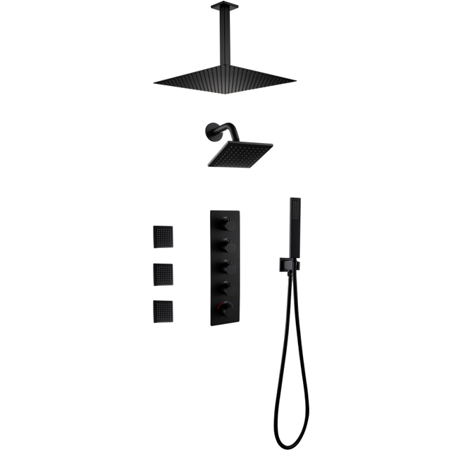 Black Modern Black Bathroom 4-function Concealed Thermostatic Shower Mixer Set
