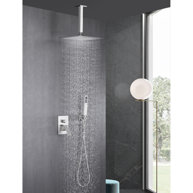 modern 304 Stainless Steel Brushed Nickle square Hot Cold Mixer in Wall Mounted Rain Concealed Bathroom Shower Set