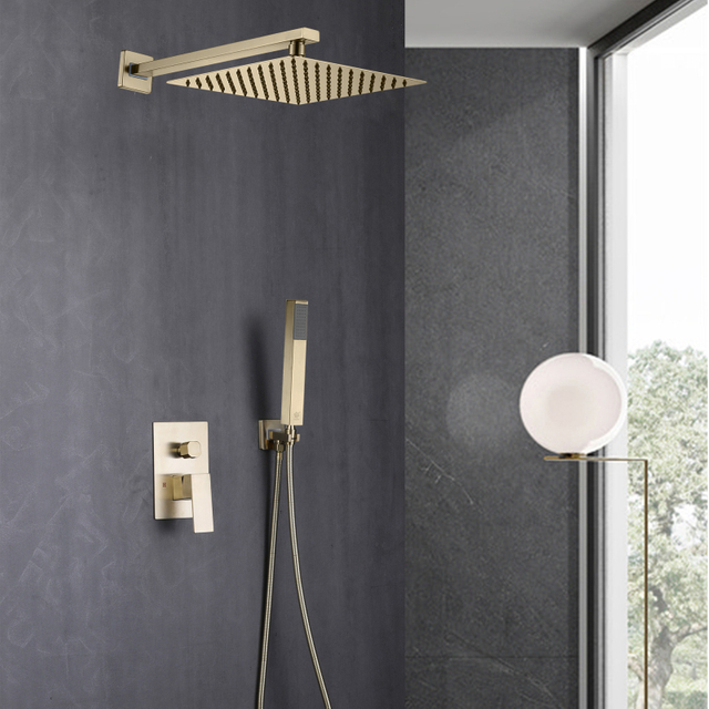 304 Stainless Steel Brushed gold square Hot Cold Mixer in Wall Mounted Rain Concealed Bathroom Shower Set 